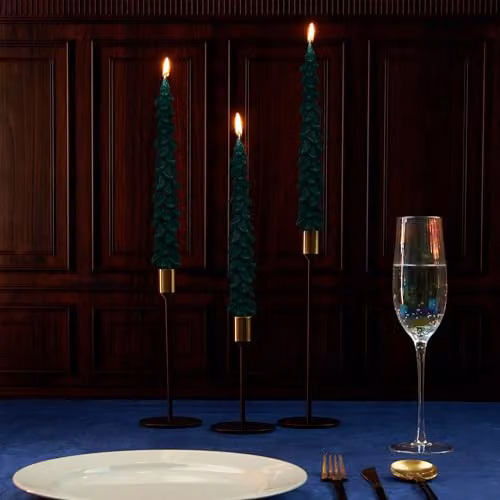 Deco Express Christmas Tree Dinner Candles, Green and Gold, Set of 6 – 4