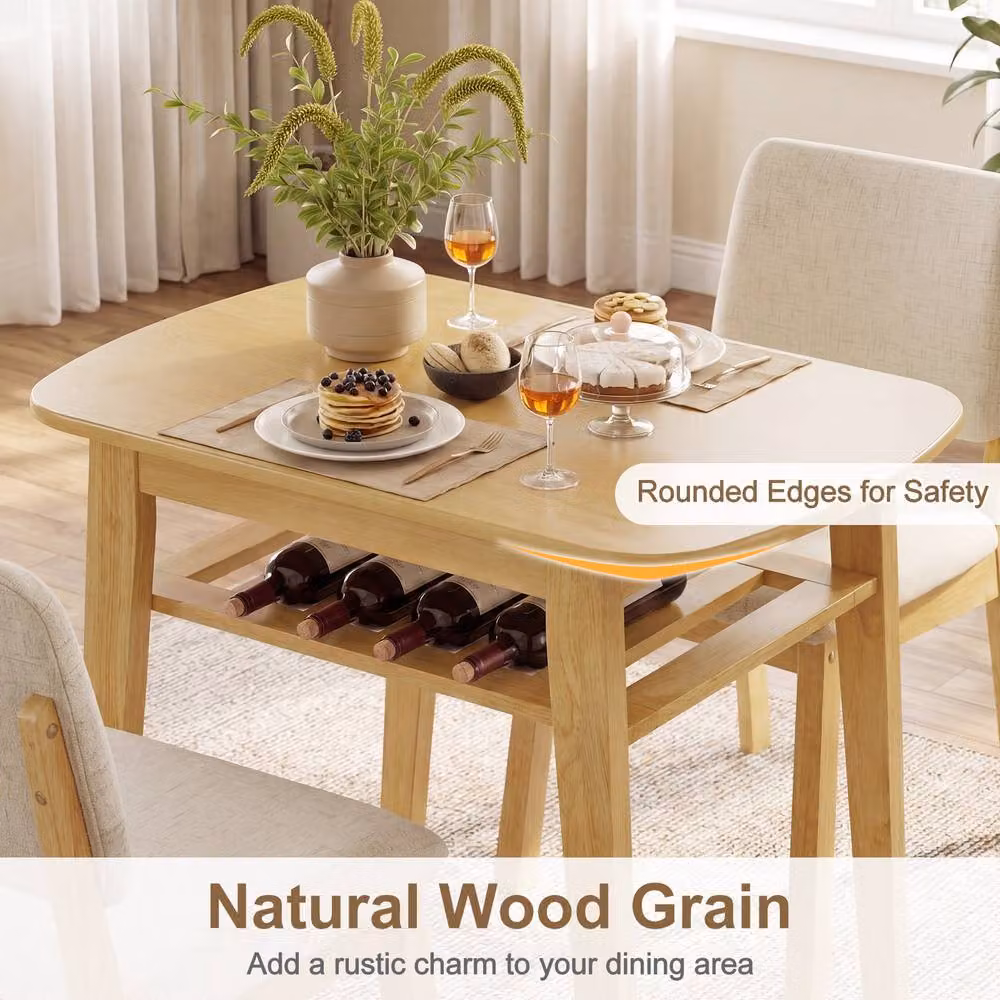 Gymax 3-Piece Solid Rubberwood Dining Table and Chairs Set in Natural Brown and Beige – 3