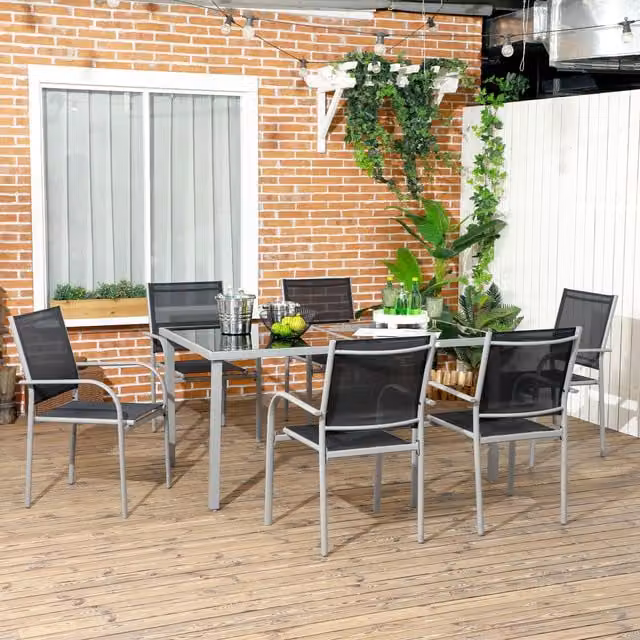 Outsunny 6 Seater Garden Dining Set with Rectangular Glass Table and Stackable Black Metal Chairs