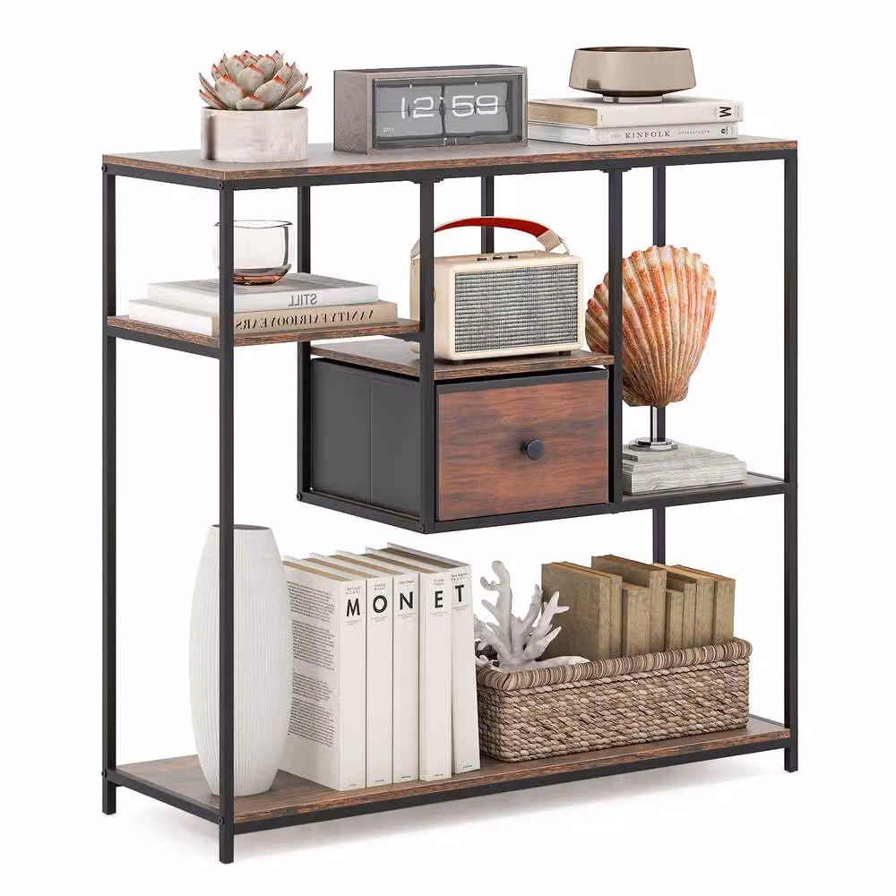 Costway Brown Console Table with Drawer and 4-Tier Display Shelf, Width: 100 cm – 3