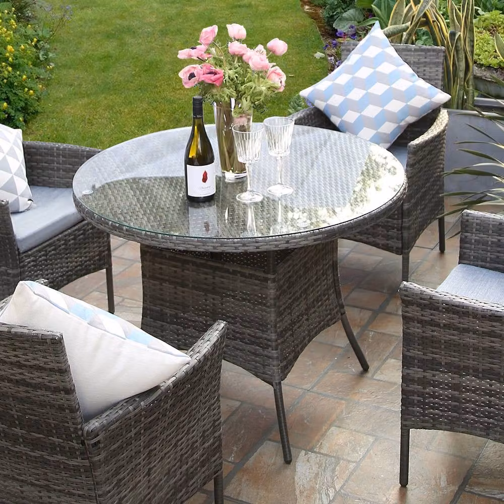 RayGar 5-Piece Grey Rattan Dining Set with Round Glass Top Table and 4 Chairs for Garden or Terrace – 4
