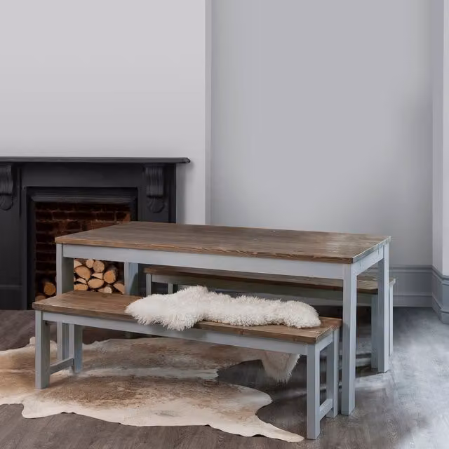 Noa and Nani Hever Modern Rectangular Dining Table and Benches Set in Grey and Pine Wood