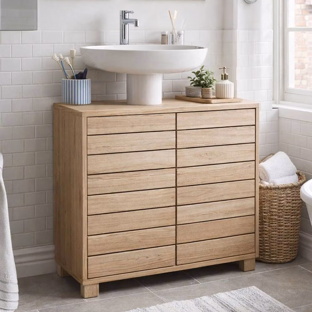 Levede Modern 2 Door Wooden Bathroom Under Sink Vanity Unit in Light Oak Brown with Internal Shelves – 2