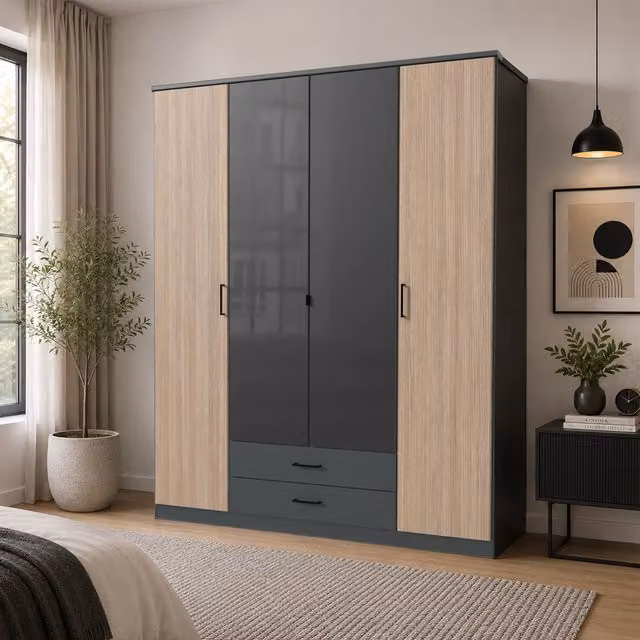 Fulda 4 Door Wardrobe with 2 Drawers and Glass Centre Doors in Grey