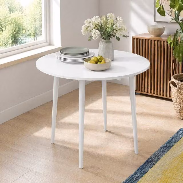 STILVORA Modern Round Folding Dining Table with Drop Leaves in White