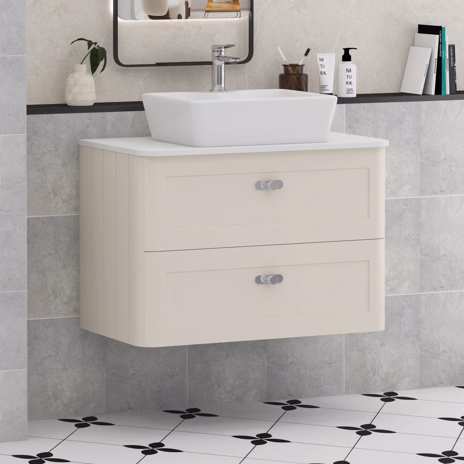 Royal Bathrooms Henley 800mm Wall Hung 2 Drawer Vanity Unit in Mushroom Cashmere with Plain White Worktop and Chrome Knobs