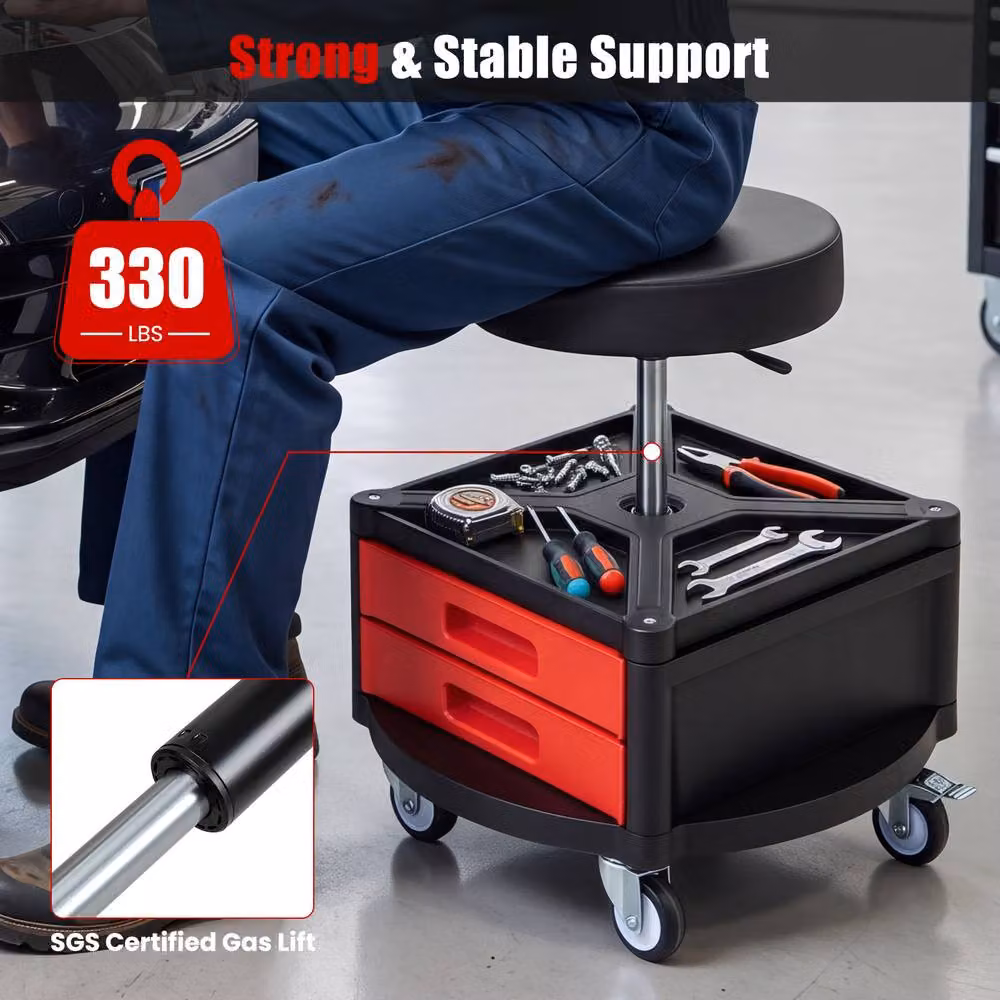 Gymax Rolling Mechanic Stool with Cushioned Seat in Red – 6