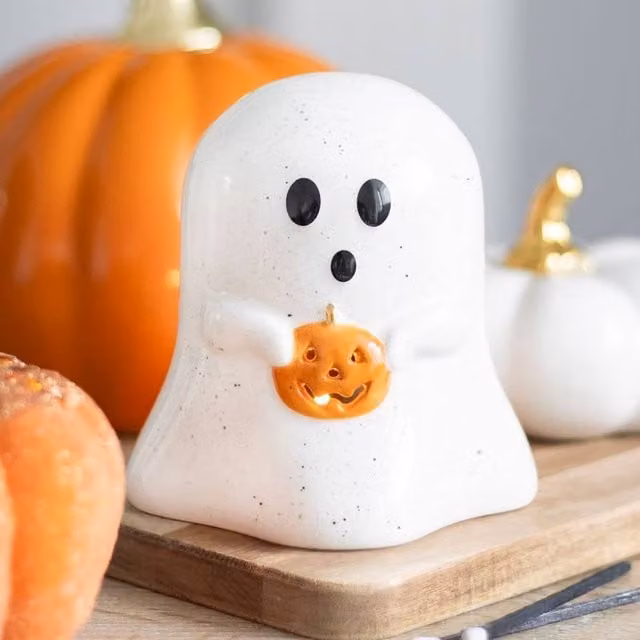 Uniqueful Ghost Shaped Ceramic Tealight Candle Holder with Pumpkin in White