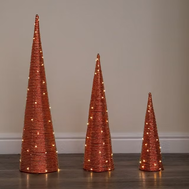Samuel Alexander Set of 3 Tabletop Christmas Cone Trees in Red and Gold