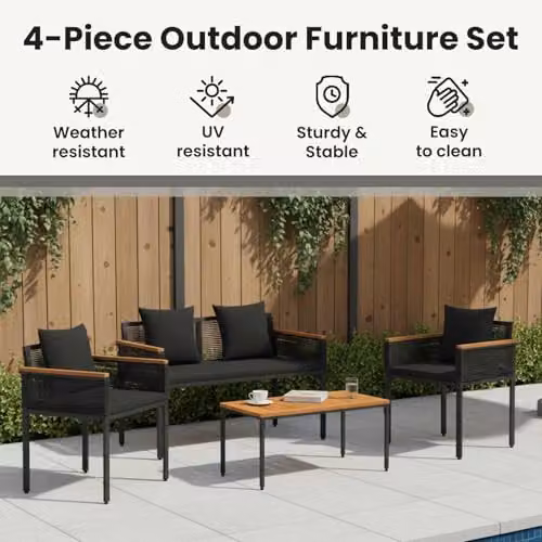 vidaXL 4-Piece Modern Outdoor Furniture Set in Black Rattan with Upholstered Cushions – 3