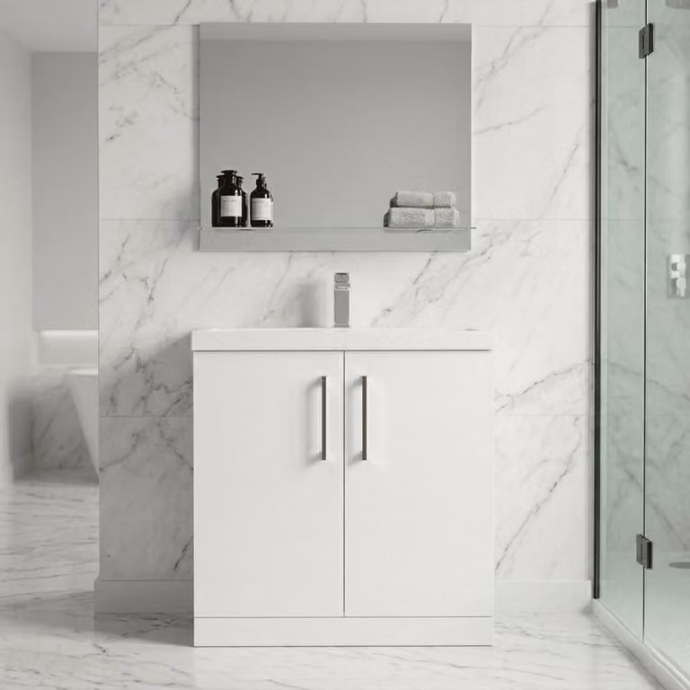 Balterley Gloss White 2-Door Freestanding Bathroom Floor Vanity Unit with Basin, W: 80 cm, H: 84 cm