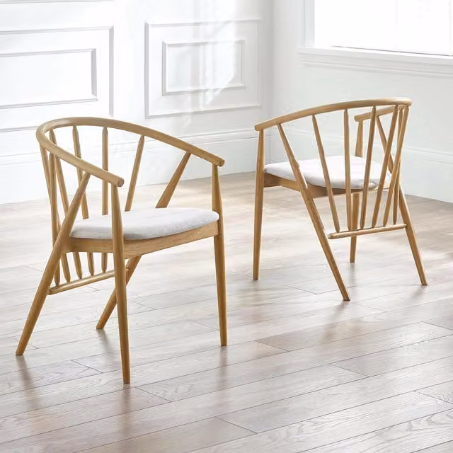 Julian Bowen Classic Oak Dining Chair with Armrests in Beige and Brown Fabric