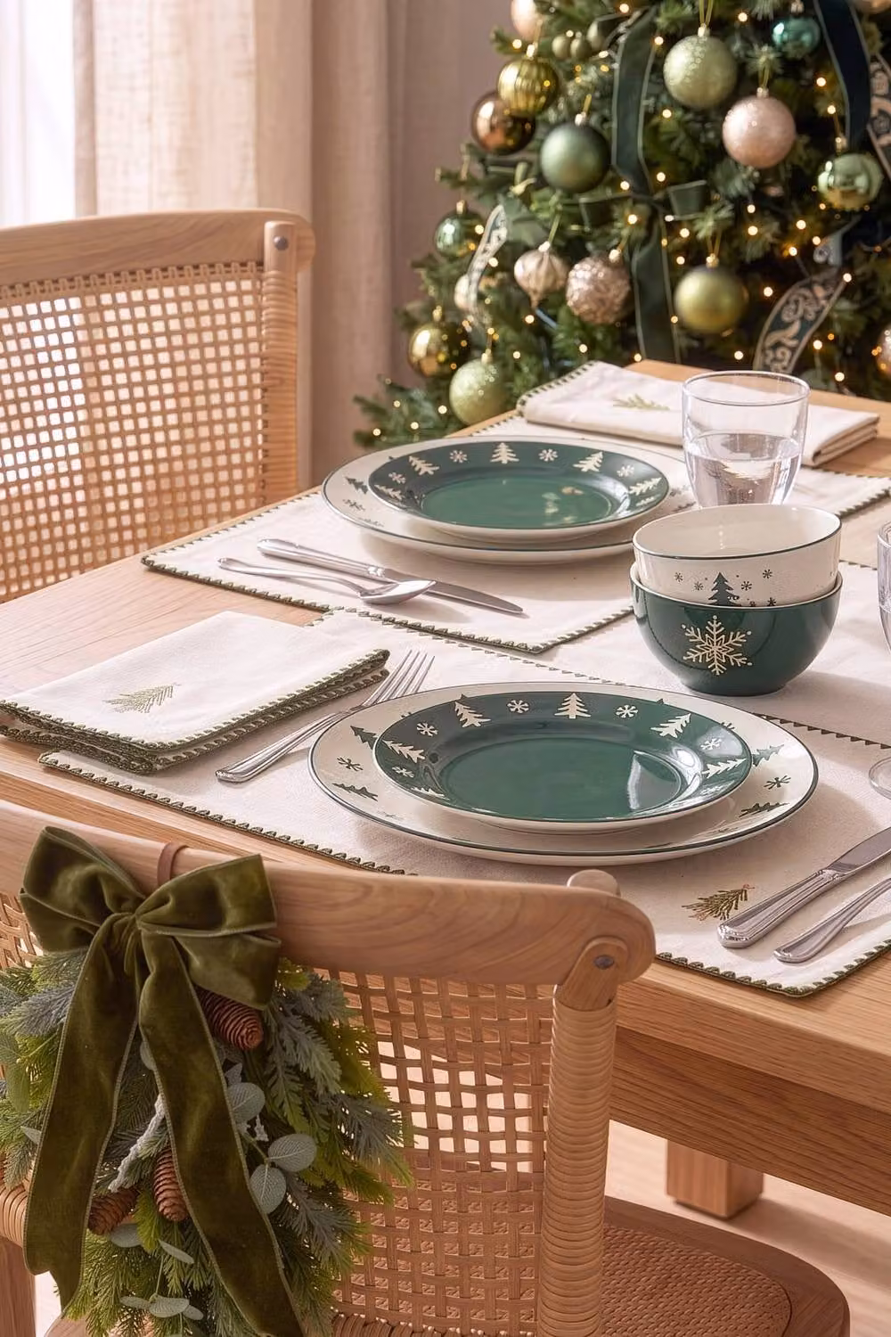 Dibor Set of 4 Green and White Winter Stoneware Christmas Dinnerware Bowls, Diameter: 14.2 cm – 4