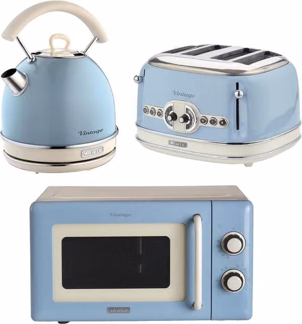 Ariete Vintage Blue Dome Kettle, 4 Slice Toaster and Microwave Set