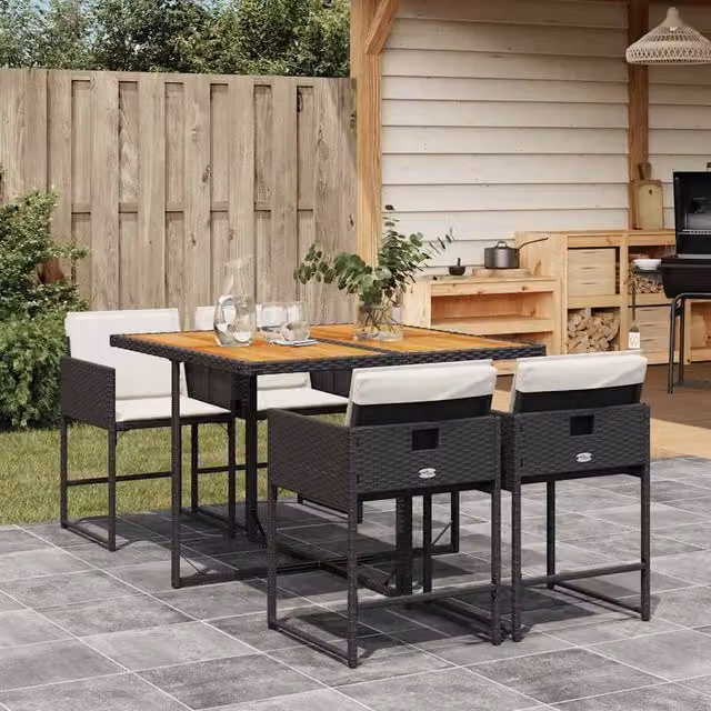 Berkfield Home Garden Modern Black Polyrattan Dining Set with Acacia Wood Table – 1