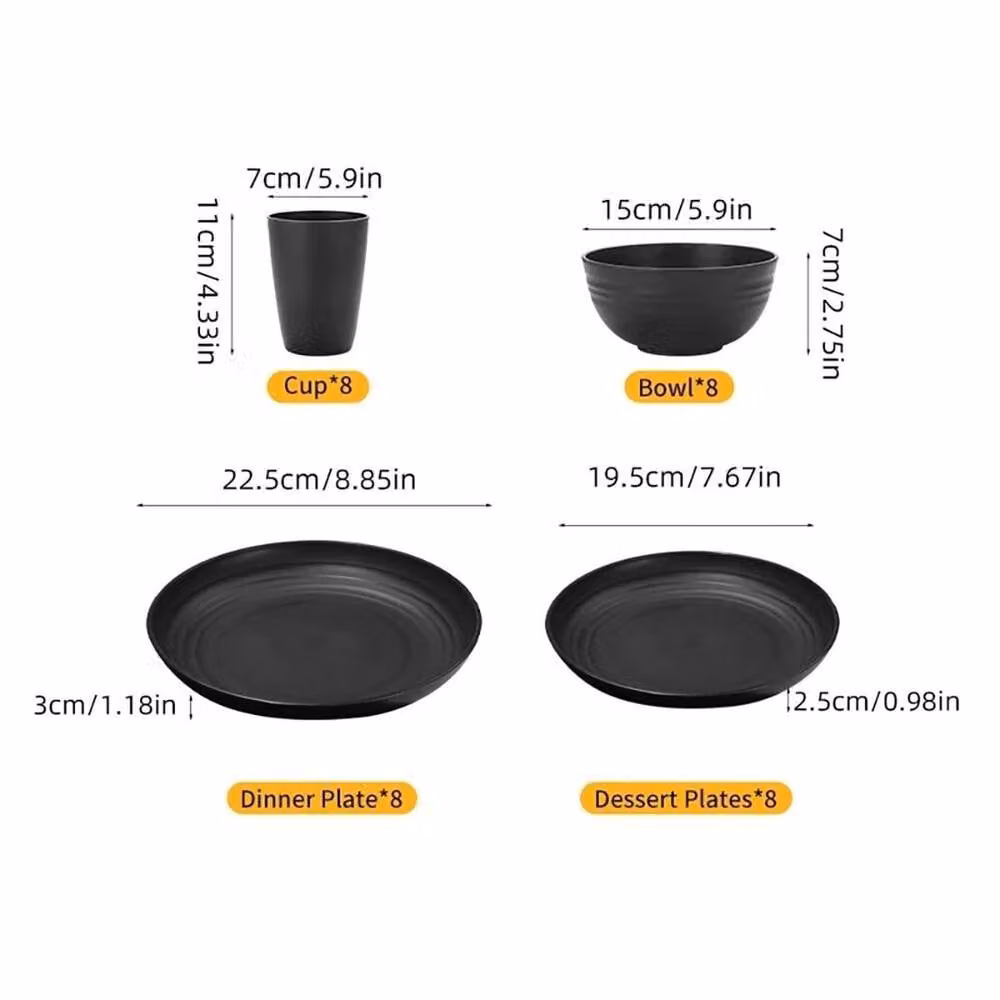 FLAVORA 32-Piece Black Plastic Dinnerware Set with Round Plates and Bowls – 4