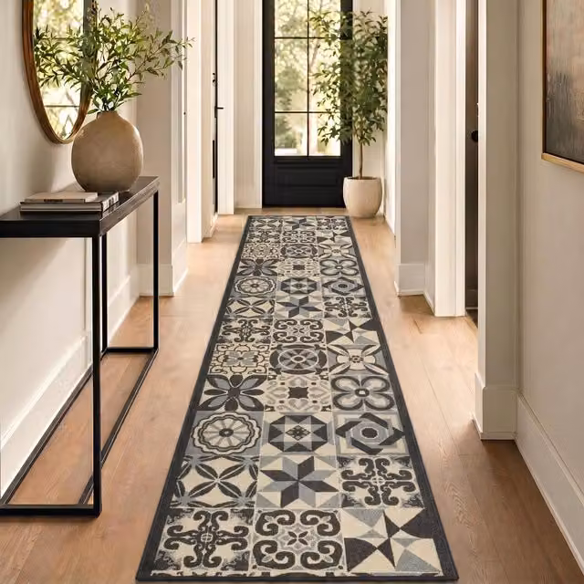 Bravich Geometric Tiles Hallway Runner, Grey, Width: 91 cm