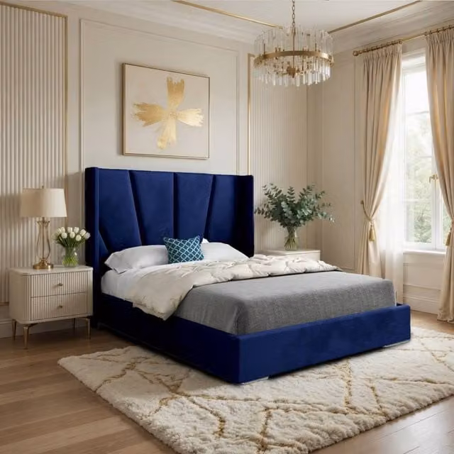 KDMD Glapthorn Small Single Wide Curved Designer Bed Frame in Blue Soft Velvet – 1