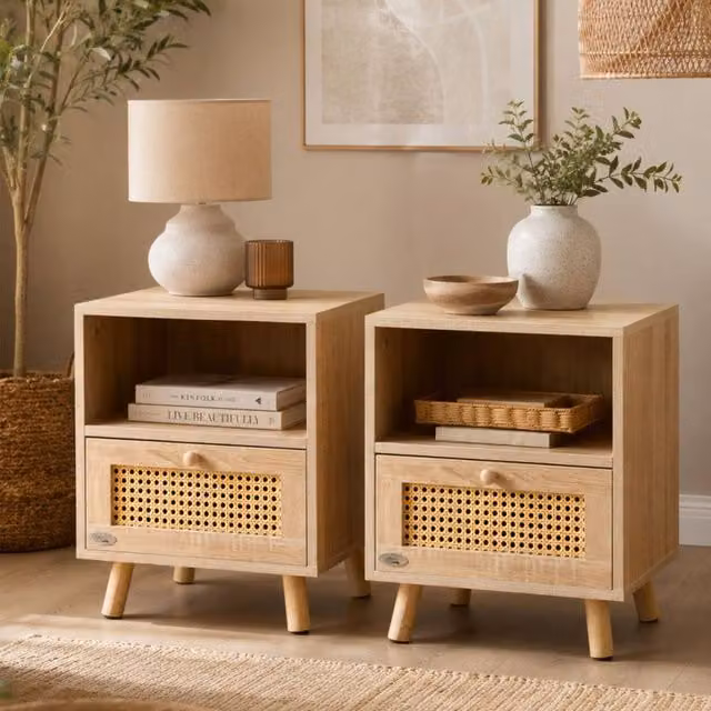 Abrihome Set of 2 Rattan Nightstand Cabinets with Storage Shelves in Sand Beige – 1