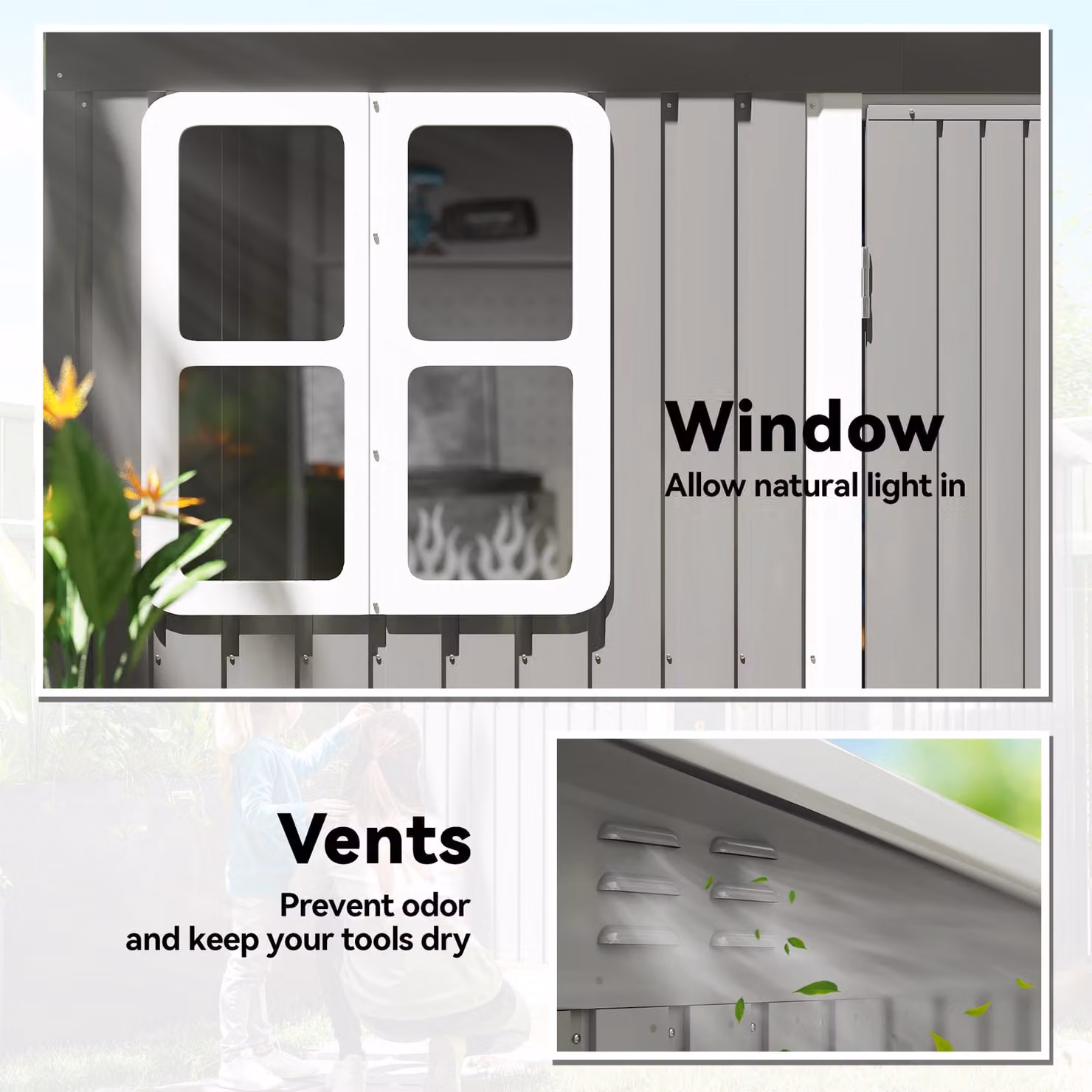 Outsunny Galvanised Steel Pent Garden Storage Shed in Light Grey with Foundation Kit, Window and Lockable Double Doors, W/D/H: 260 x 177 x 190 cm – 5