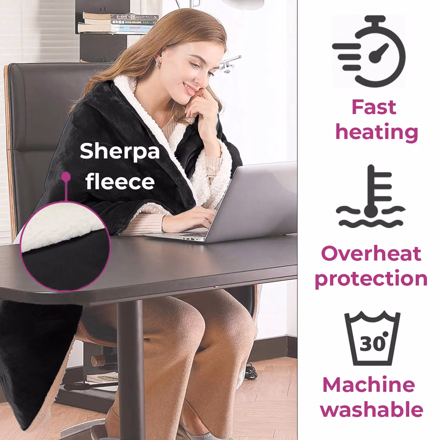 Neo Reversible Electric Heated Sherpa and Flannel Throw Blanket in Black – 5