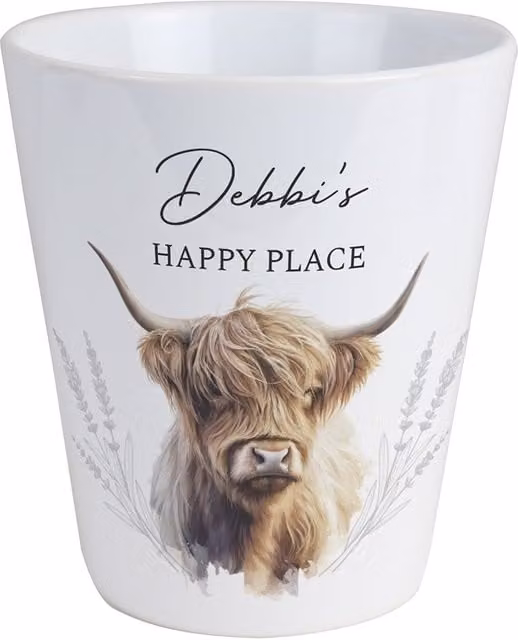 Personalised Memento Company Personalised Highland Cow Ceramic Plant Pot in White