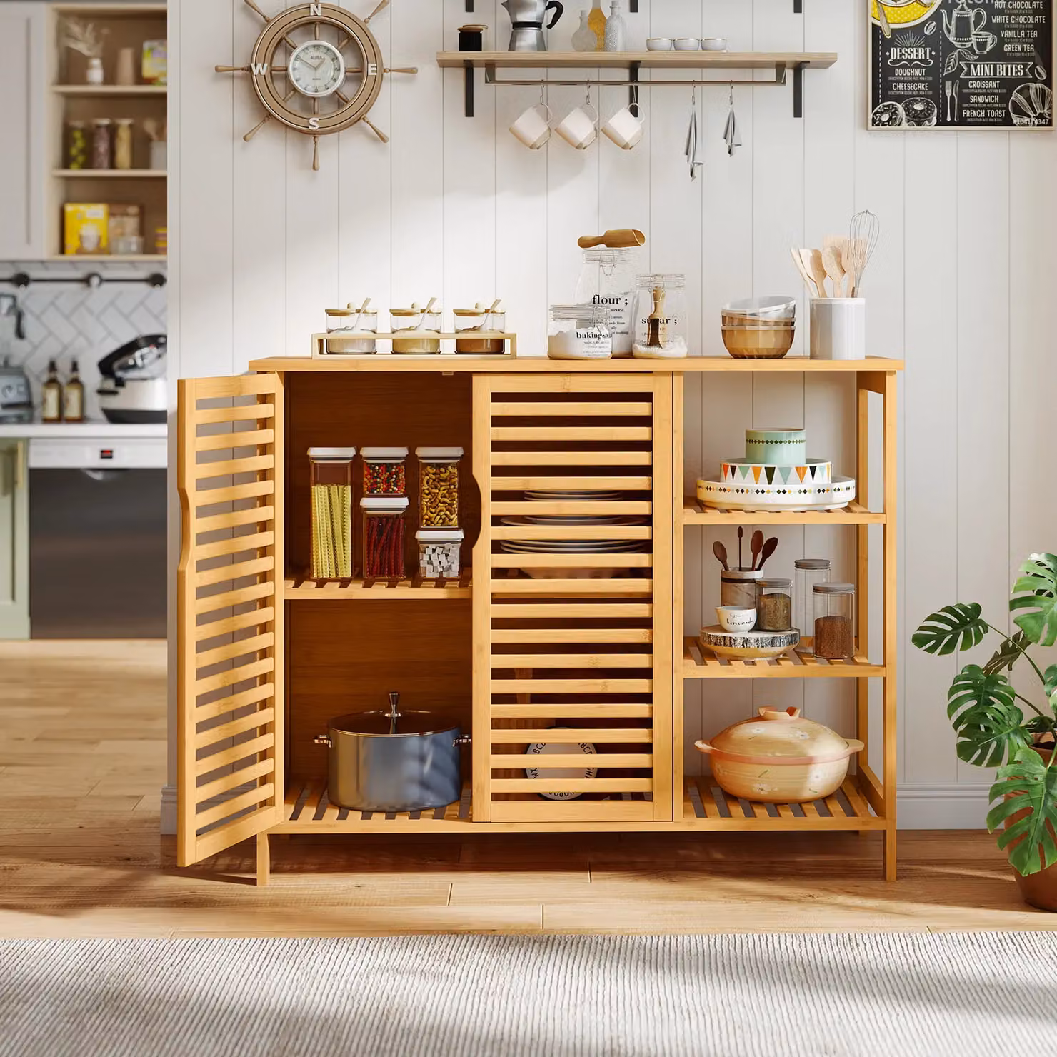 Costway Bamboo 2-Door Bathroom Cabinet with Internal Shelves and Open Storage in Natural Brown – 2