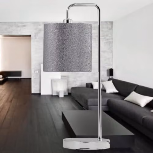 First Choice Lighting Chrome Arched Table Lamp with Grey Fabric Shade in Silver – 4