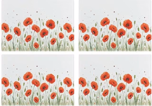 Purely Home Summer Poppies Floral Glass Placemats, Set of 4, Red and Multicolour