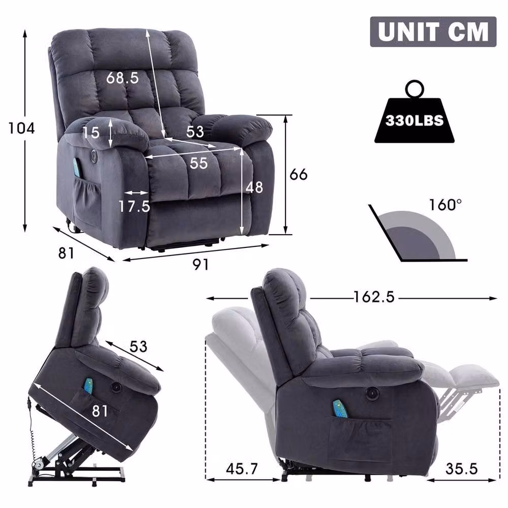 FORGEVIO Grey Fabric Massage Power Lift Recliner Chair Single Sofa – 2