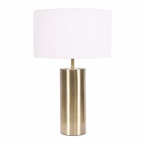 ValueLights Antique Brass Single Stem Touch Dimmer Table Lamp with White Fabric Drum Shade and LED Bulb