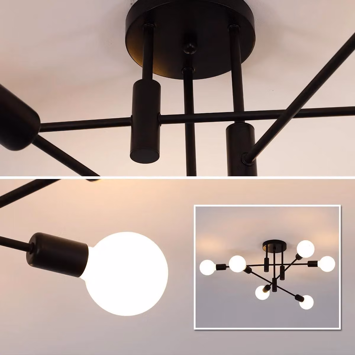 Garwarm Vintage 6-Light Metal Sputnik Ceiling Chandelier in Black – 3