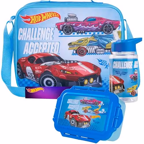 Get Trend Hot Wheels 3 Piece Lunch Set with Water Bottle and Lunch Box, Blue, BPA Free and Leakproof