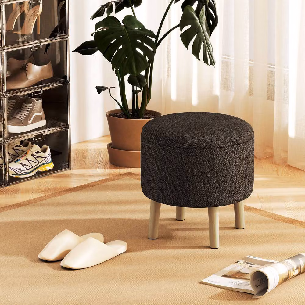 STILVORA Modern Cylindrical Ottoman Stool with Storage in Brown Oak Wood and Fabric – 2