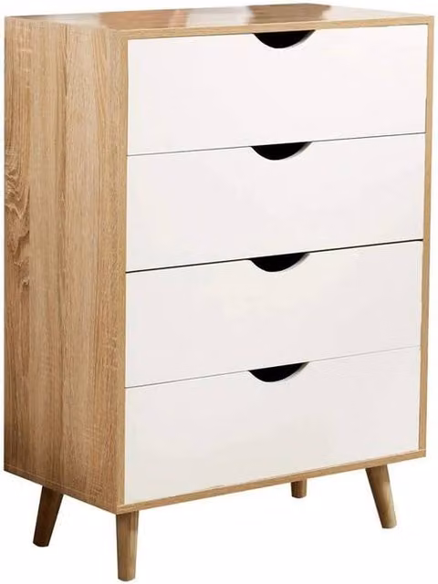 NESTLUNE Oak and White 4 Drawer Chest of Drawers for Bedroom Storage, W: 100 cm, D: 15 cm