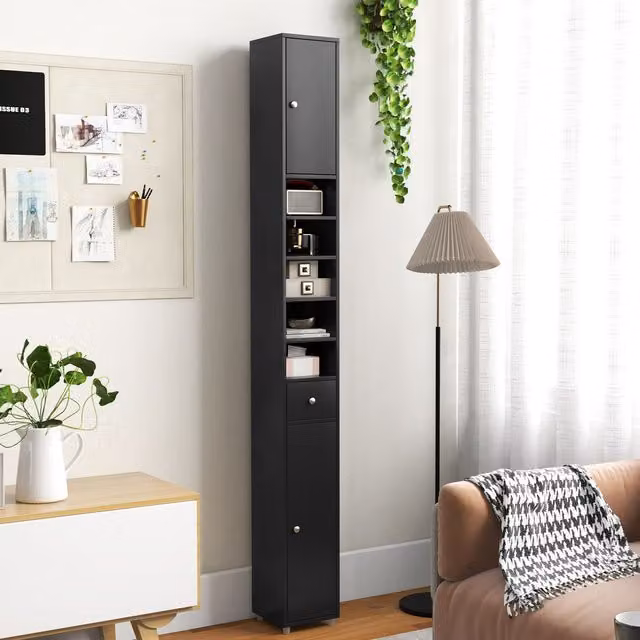 Gymax Slim Black Matt Bathroom Tall Cabinet with 2 Hinged Doors and Adjustable Internal Shelves