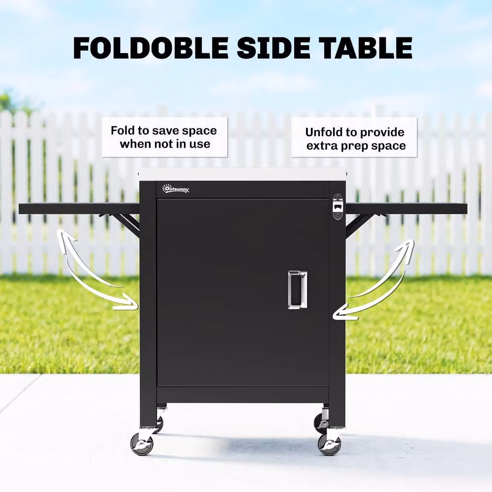 OUTSUNNY Black Outdoor Grill Cart with Stainless Steel Prep Surface and Storage Module, W/D/H: 89 x 63 x 68 cm – 3