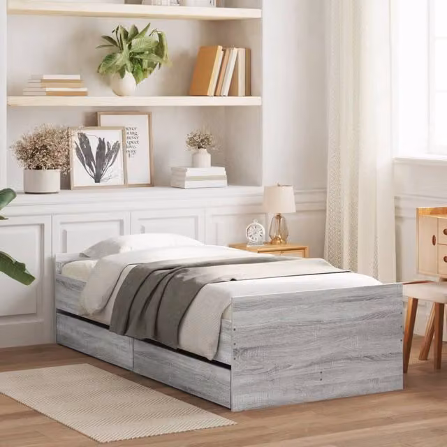 Berkfield Home Small Single Bed Frame in Grey Sonoma with Drawers, W: 75 cm, L: 190 cm – 1