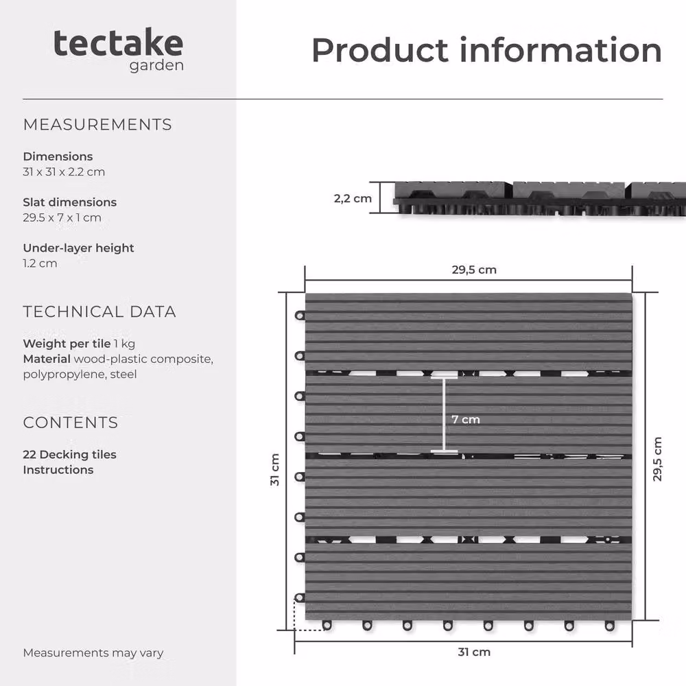 tectake Set of 22 Grey Tegulas Click System Plastic Patio Tiles – 6