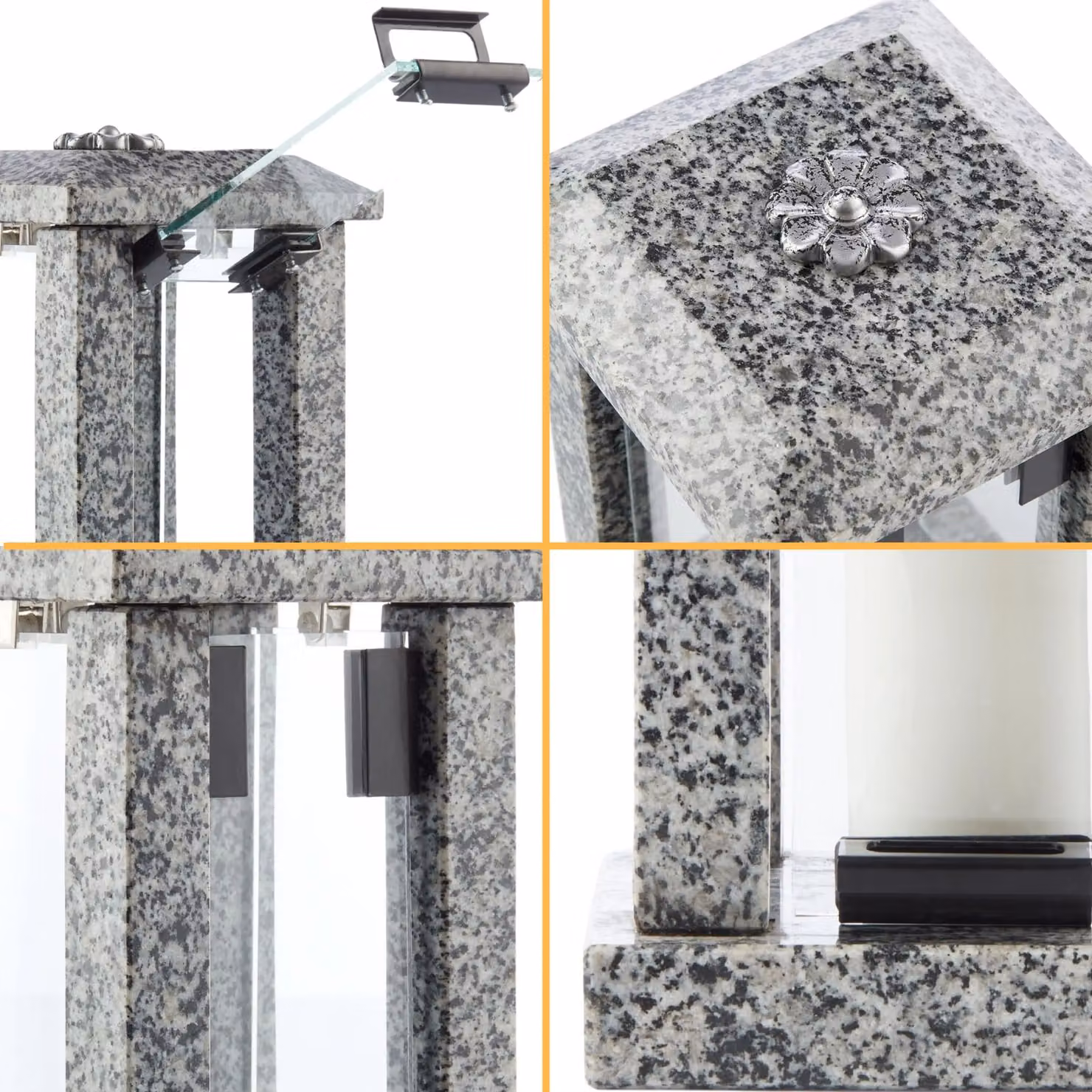 Novecrafto Polished Grey Granite Memorial Candle Lantern with Floral Decor, Height: 32 cm – 8