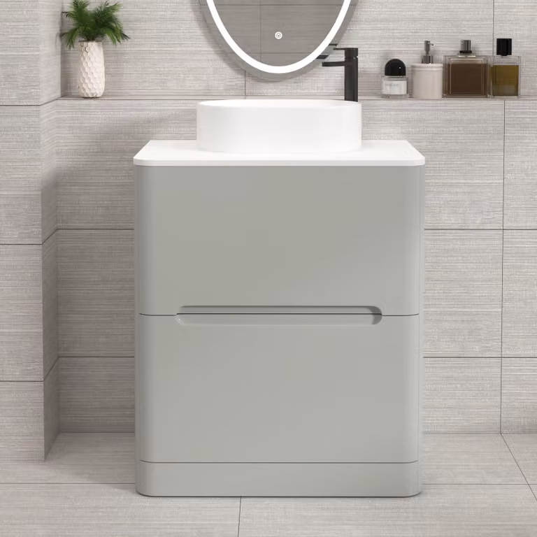Royal Bathrooms Venice 700mm Floor Standing Vanity Unit in Dove Grey with 2 Drawers, Plain White Worktop and Peak Basin