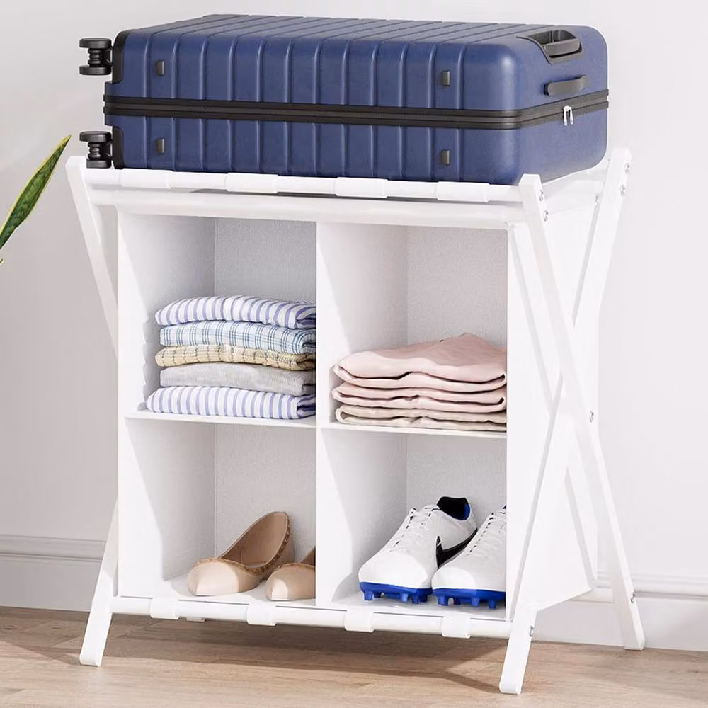 Huhote Metal Luggage Rack with Storage Shelf, Set of 2, White – 2