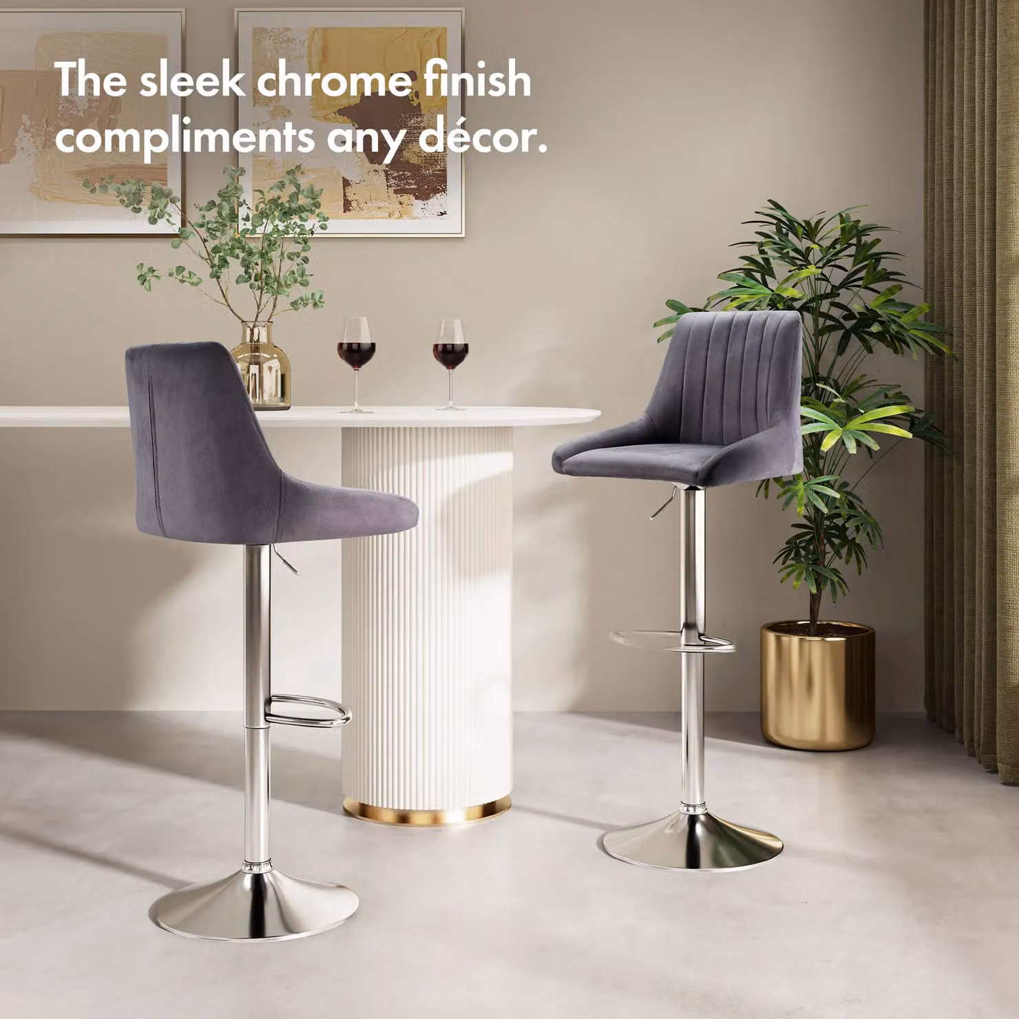 Spinningfield Set of 2 Grey Velvet Gas Lift Adjustable Height Bar Stools with Metal Frames – 3