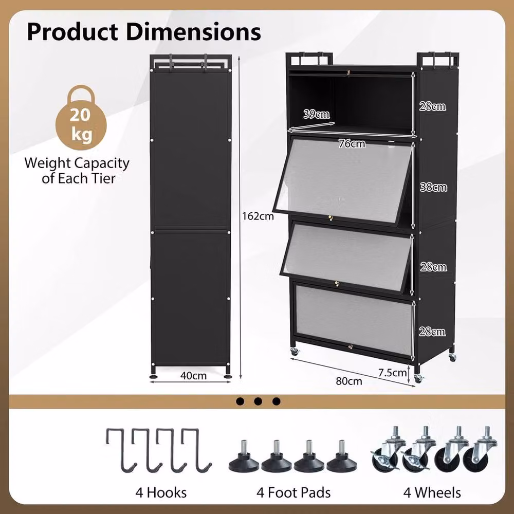 VOGREX 5-Tier Black Metal Kitchen Storage Cabinet with Hinged Glass Doors and Wheels – 2