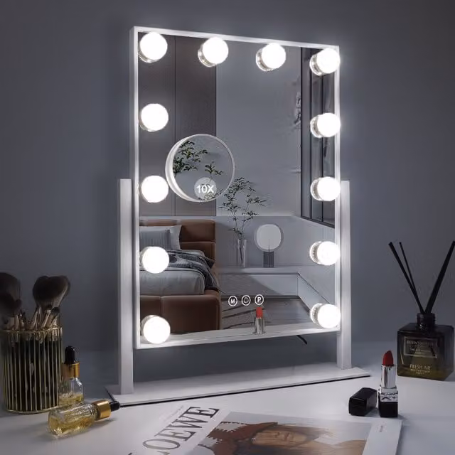 FENCHILIN Hollywood Vanity Mirror with 12 LED Lights in White Metal