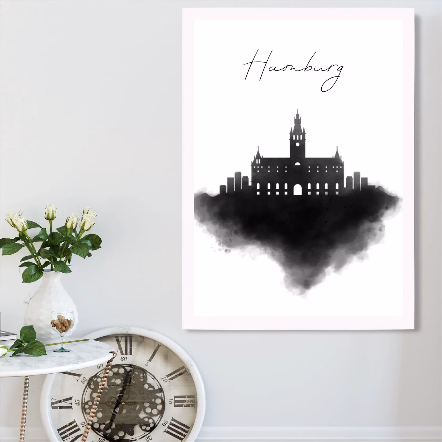 ARTZE Hamburg Watercolour Skyline City Framed Print, Black and White, A2 – 2