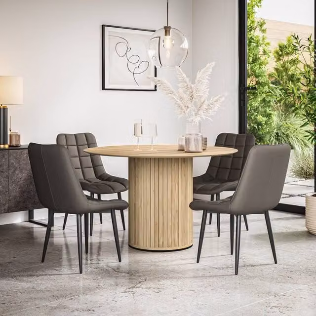 More4Homes Arlo Oak Round Dining Table and 4 Nova Grey Faux Leather Dining Chairs Set, W: 120 cm, H: 75 cm – 1