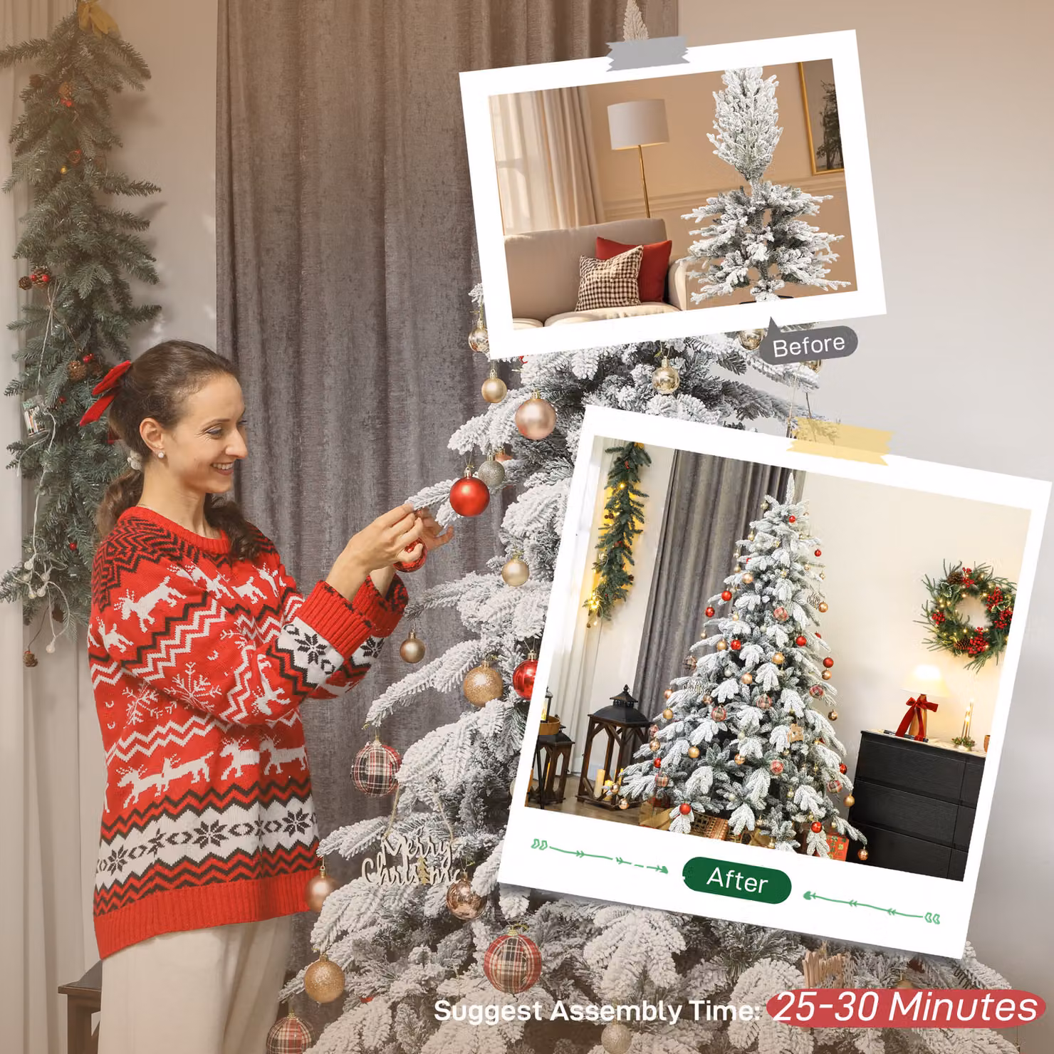 HOMCOM 7ft Super Flocked Christmas Tree in Green and White – 6
