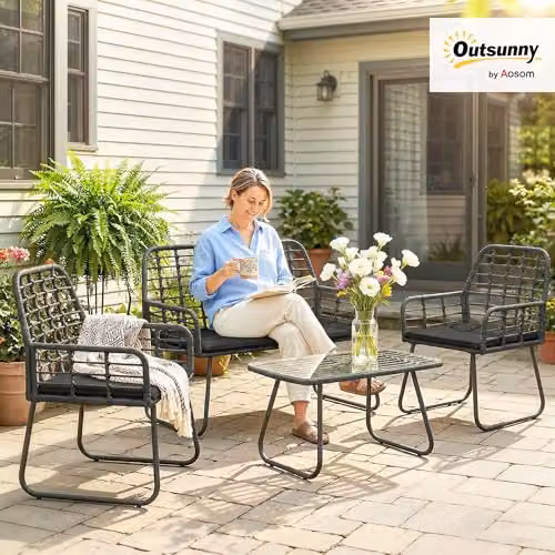 Outsunny 4 Piece Rattan Garden Furniture Set in Black with Upholstered Cushions and Powder Coated Steel Frame – 2