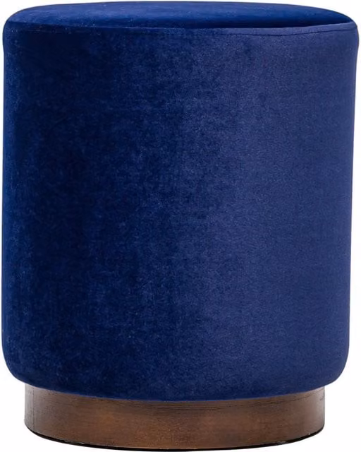 Nordlys Blue Bouclé and Velvet Cylindrical Living Room Pouf with Brown Wooden Base – 1